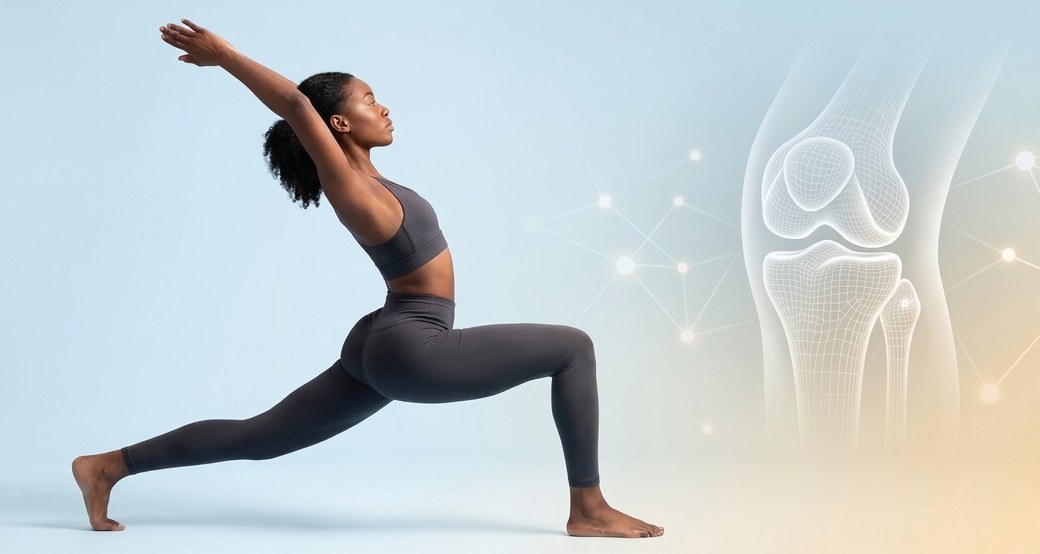 Woman in warrior yoga pose alongside a translucent anatomical diagram of a human knee joint, representing the intersection of human movement and joint health